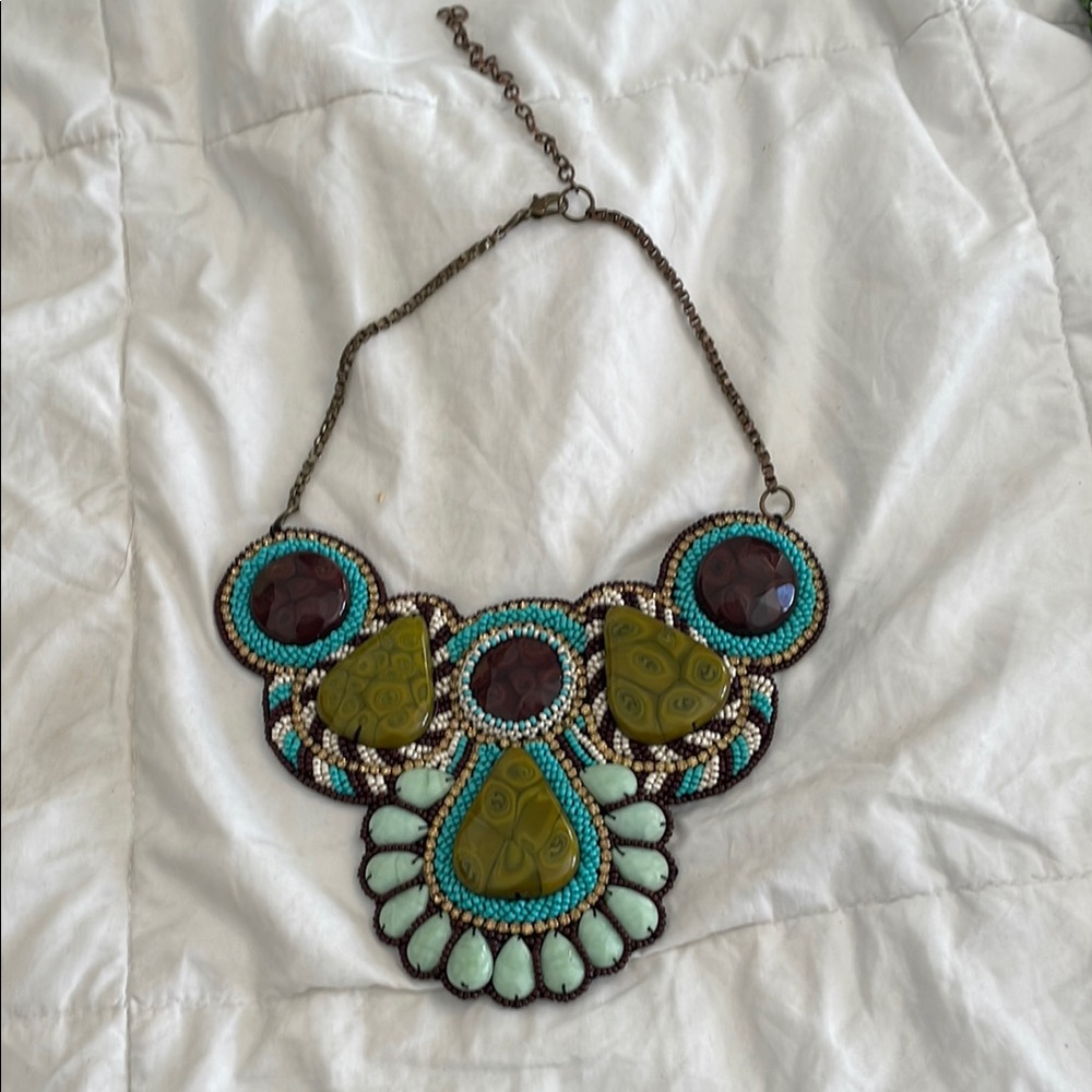 Green and Blue Tribal-Inspired Necklace with Textured Pendant